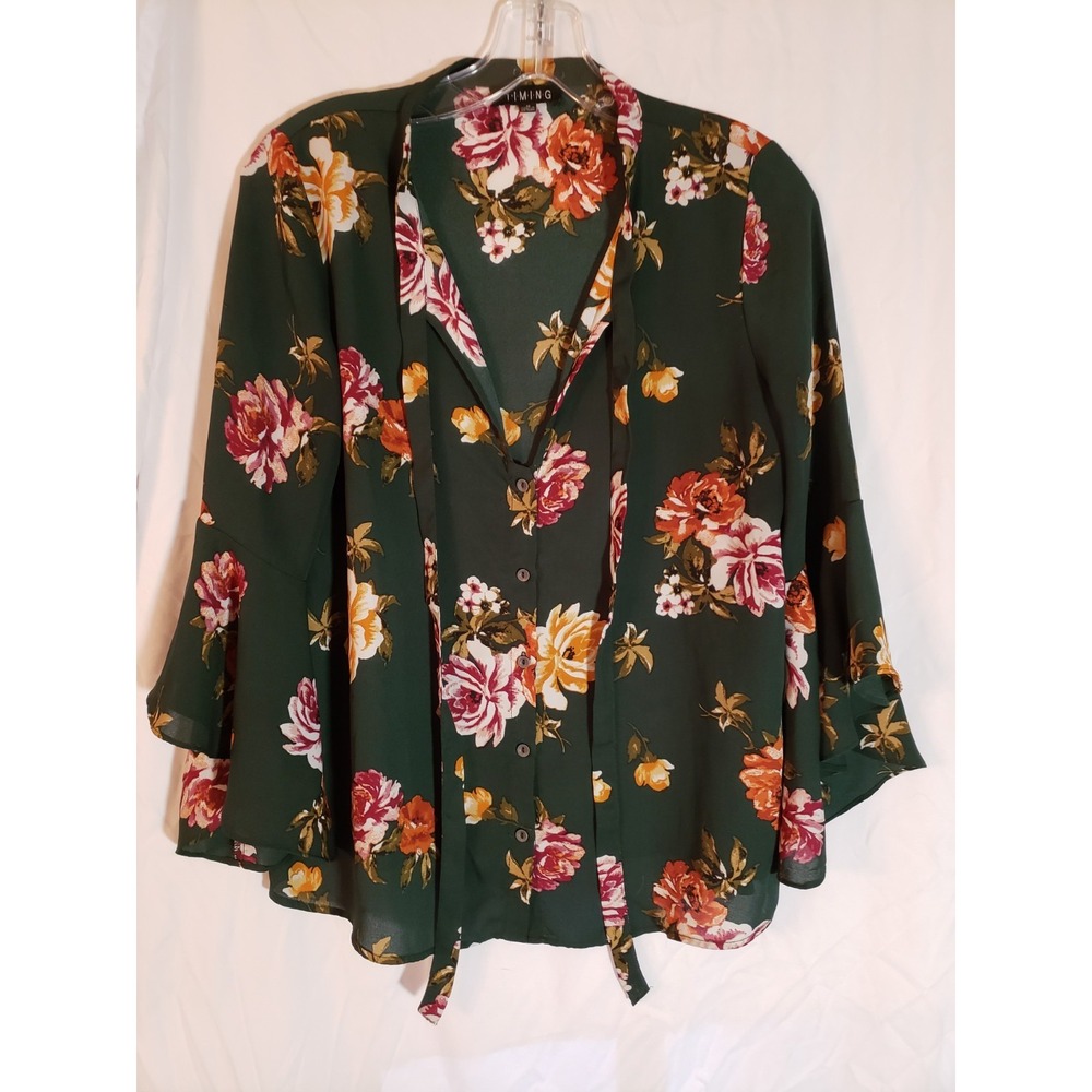 Women's Timing Green Floral Bell Sleeves Blouse Size M